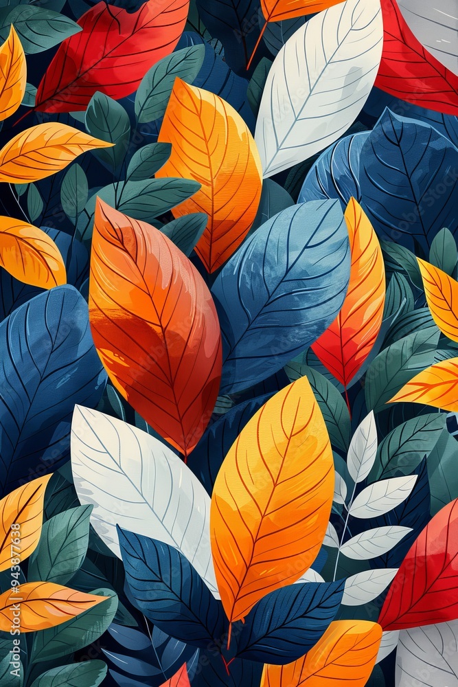 A digital illustration featuring colorful autumn leaves in a simplistic vector style. The leaves are arranged in a layered pattern, creating a visually appealing and modern design A digital illustration featuring colorful autumn leaves in a simplistic vector style. The leaves are arranged in a layered pattern, creating a visually appealing and modern design