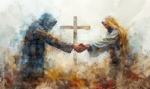 In a serene watercolor style, Jesus extends a comforting hand to someone seeking healing, set against a soft background featuring a cross. This portrayal evokes themes of compassion and salvation photo