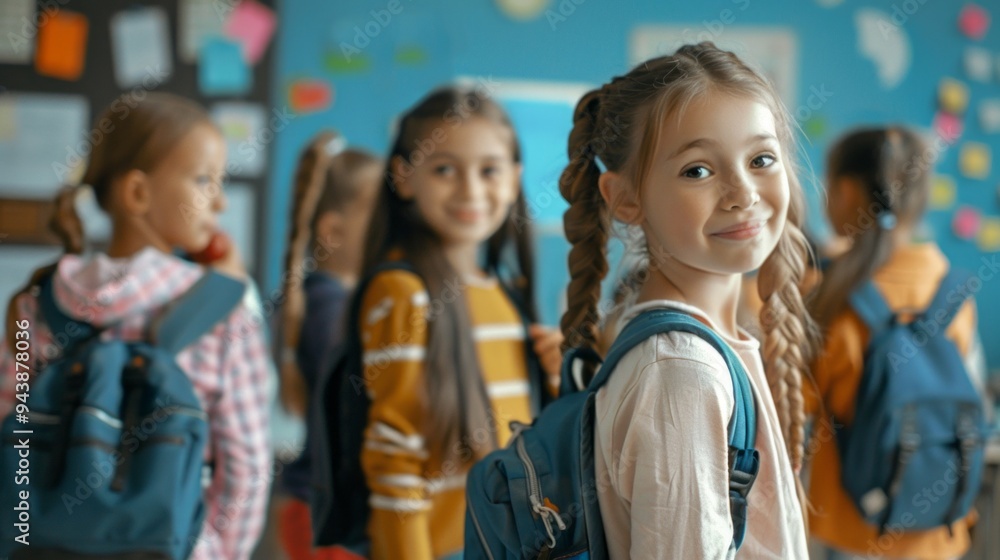 A group of young girls are smiling and posing for a picture in a classroom A group of young girls are smiling and posing for a picture in a classroom