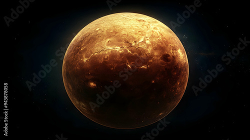 Close-up of Venus with craters and a starry background.