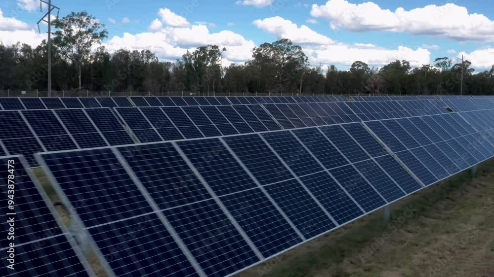 High-definition 4K aerial view of a modern solar farm in Australia, highlighting the advanced technology driving renewable energy and promoting green, sustainable practices. High-definition 4K aerial view of a modern solar farm in Australia, highlighting the advanced technology driving renewable energy and promoting green, sustainable practices.