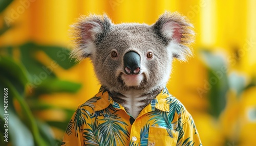 Koala in a Hawaiian shirt, looking cheerful against a bright yellow background, ready for a tropical day photo