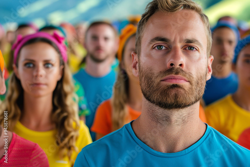 Group of People in Colorful Shirts Attending an Outdoor Event