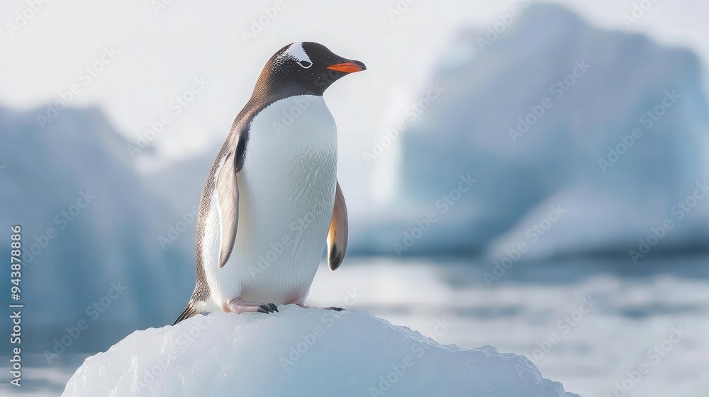 Fototapeta premium Gentoo penguin on an iceberg, set against the backdrop of calm Antarctic waters and a clear sky, highlighting the serene and majestic nature of the polar regions.