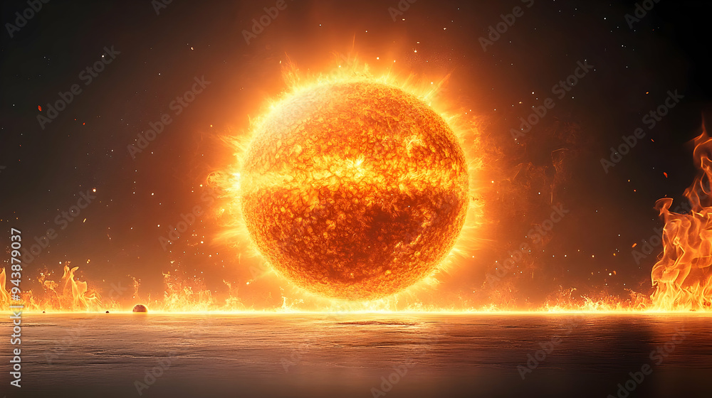 Close-up view of a giant, fiery sun against a dark, starry background, with flames rising from a rocky surface. Close-up view of a giant, fiery sun against a dark, starry background, with flames rising from a rocky surface.