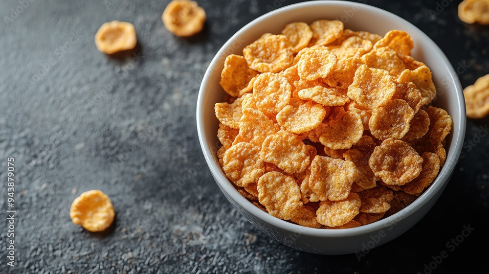Overhead shot of crispy cereal in a white bowl, simple breakfast scene on a textured surface Overhead shot of crispy cereal in a white bowl, simple breakfast scene on a textured surface
