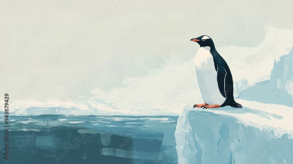 Obraz premium Gentoo penguin on an iceberg, set against the backdrop of calm Antarctic waters and a clear sky, highlighting the serene and majestic nature of the polar regions.