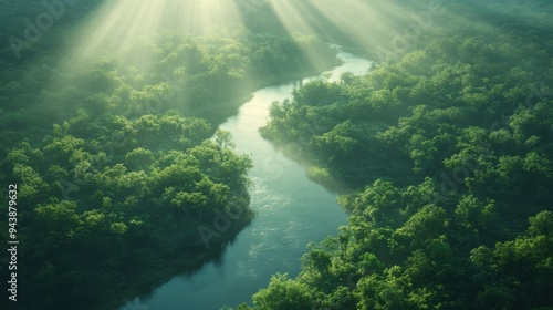 A sweeping high-angle shot of a winding river cutting through a dense forest, with sunlight filtering through the canopy, creating a peaceful ambiance