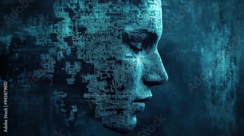 Abstract representation of a human face created from binary code, symbolizing artificial intelligence, machine learning, and digital transformation. 