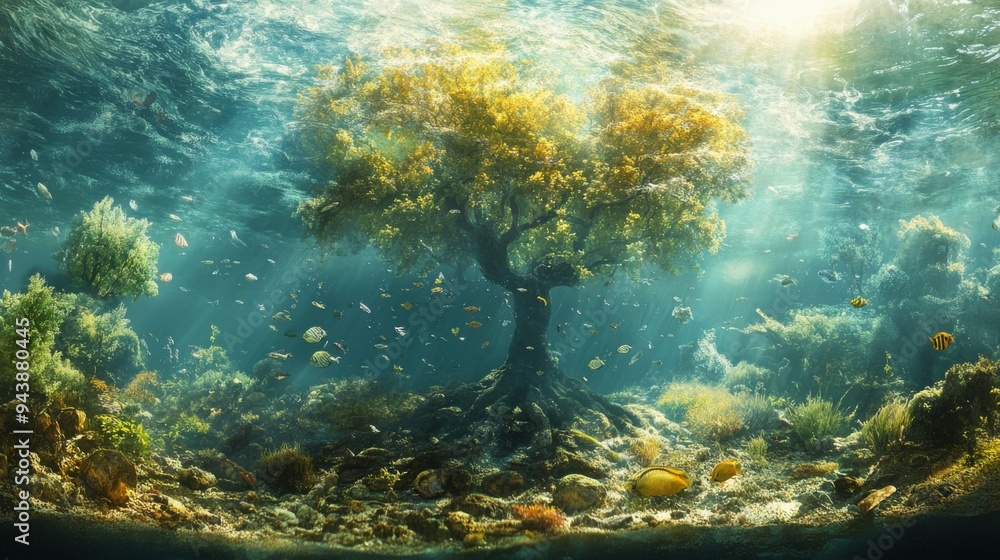 Fototapeta premium Biotic and abiotic elements in an ecosystem, contrasting with the broader environment.