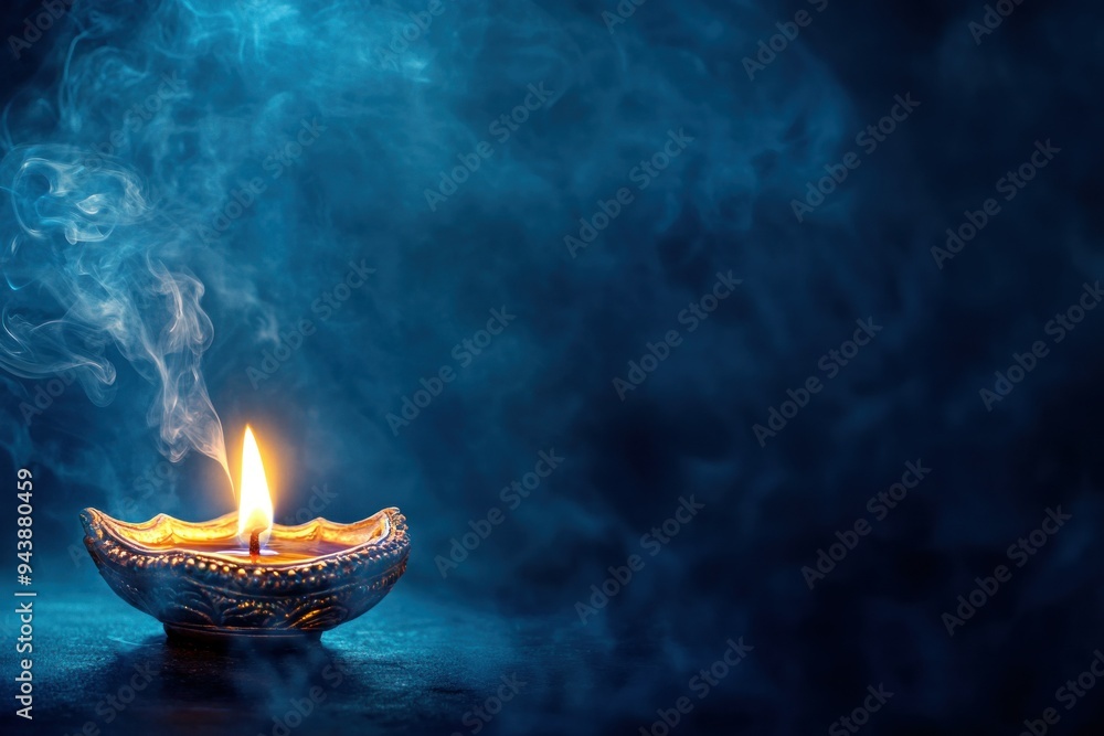 A Single Lit Diya with Smoke Rising Against a Dark Blue Background A Single Lit Diya with Smoke Rising Against a Dark Blue Background