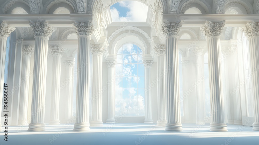 A large, white, classical hall with large windows. A large, white, classical hall with large windows.