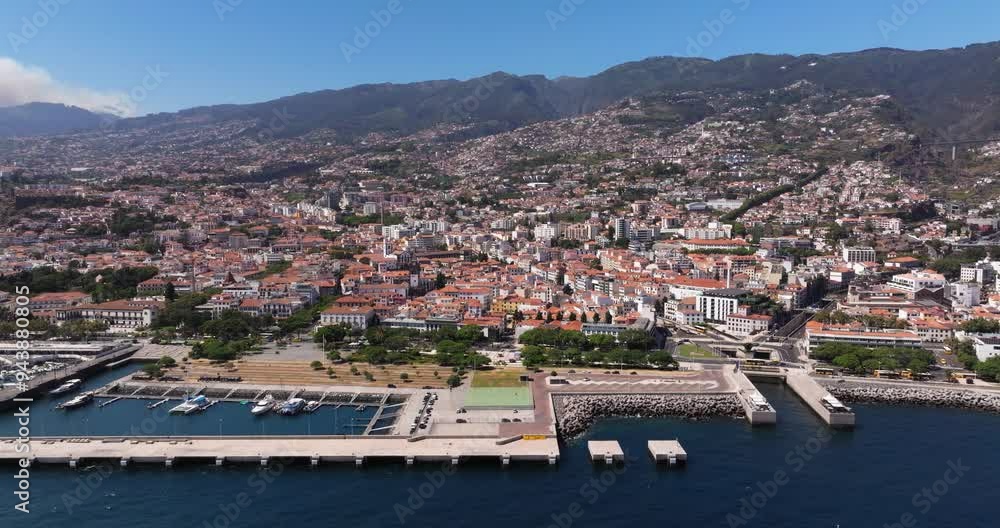 Cinematic Aerial View Above Funchal, Madeira City Centre on Beautiful Summer Day Cinematic Aerial View Above Funchal, Madeira City Centre on Beautiful Summer Day