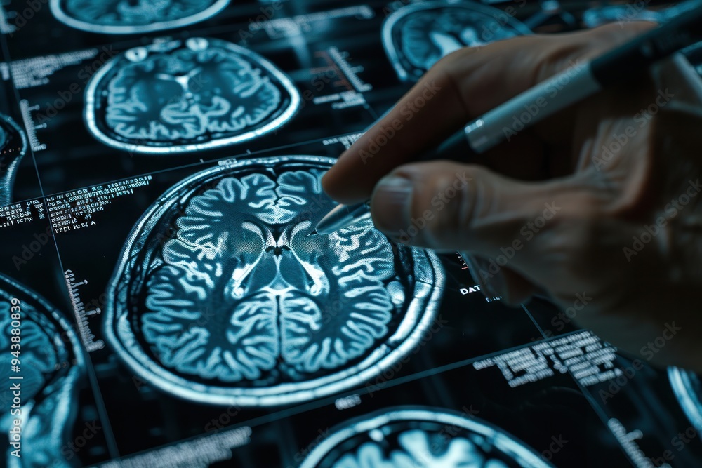 Fototapeta premium A person is drawing on a computer screen with a pen, and the image is of a brain