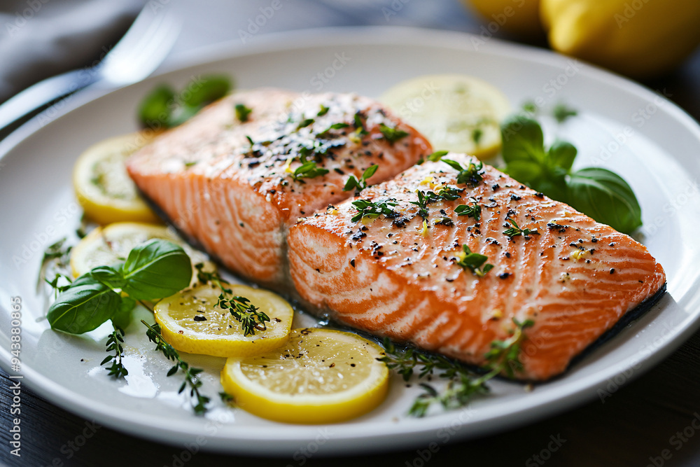 A plate of salmon with lemon slices and herbs A plate of salmon with lemon slices and herbs