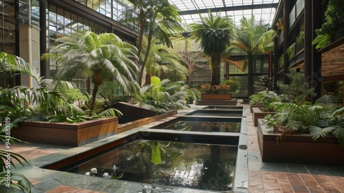 Serene Atrium Oasis with Lush Trees, Natural Light, and Water Features