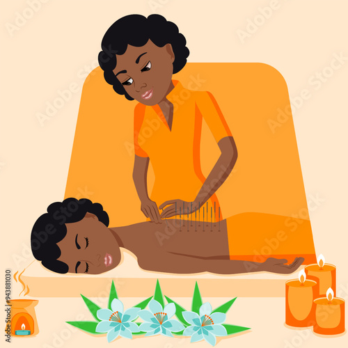 Needle AcupunctureTreatments by professional acupuncturist in spa. Chinese acupressure. Isolated flat vector illustration. African ethnicity.