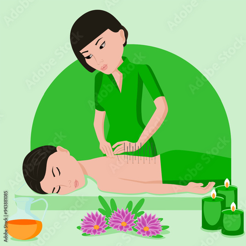 Needle AcupunctureTreatments by professional acupuncturist in spa. Chinese acupressure. Isolated flat vector illustration. Asian ethnicity.