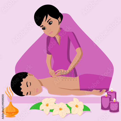 Needle AcupunctureTreatments by professional acupuncturist in spa. Chinese acupressure. Isolated flat vector illustration. Indian ethnicity.