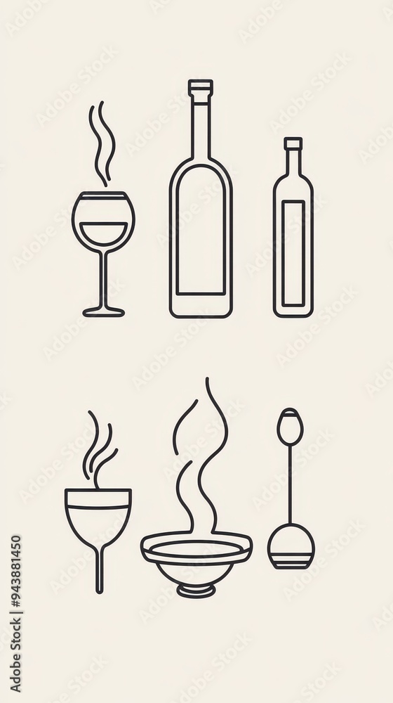 This artwork features elegant line designs of various drinks, bottles, and cooking utensils related to a contemporary restaurant setting This artwork features elegant line designs of various drinks, bottles, and cooking utensils related to a contemporary restaurant setting