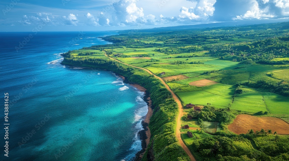 High-angle shot of farmland patchwork meeting the ocean, with winding dirt roads and scattered farmhouses adding charm to the landscape High-angle shot of farmland patchwork meeting the ocean, with winding dirt roads and scattered farmhouses adding charm to the landscape