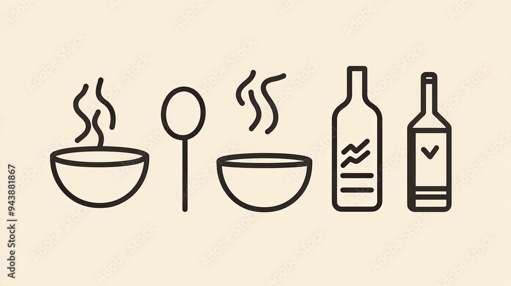 A collection of elegant vector line designs depicting bowls, spoons, and wine bottles, showcasing a modern dining aesthetic A collection of elegant vector line designs depicting bowls, spoons, and wine bottles, showcasing a modern dining aesthetic
