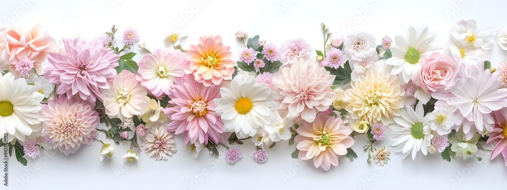 A photograph of a garland made with various flowers on a white background, a floral decoration concept. A web banner showing a horizontal arrangement of delicate, pastel-colored flowers like daisies A photograph of a garland made with various flowers on a white background, a floral decoration concept. A web banner showing a horizontal arrangement of delicate, pastel-colored flowers like daisies