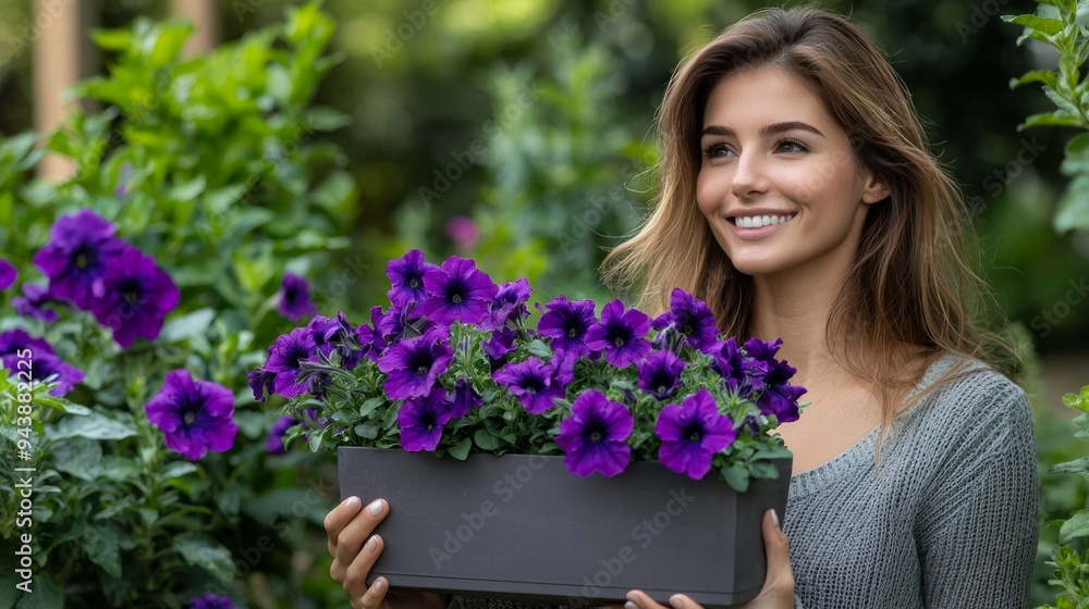 Female gardener holding rectangle planter looking to side smiling. Attractive girl holding potted violet petunias in garden. Female gardener holding rectangle planter looking to side smiling. Attractive girl holding potted violet petunias in garden.