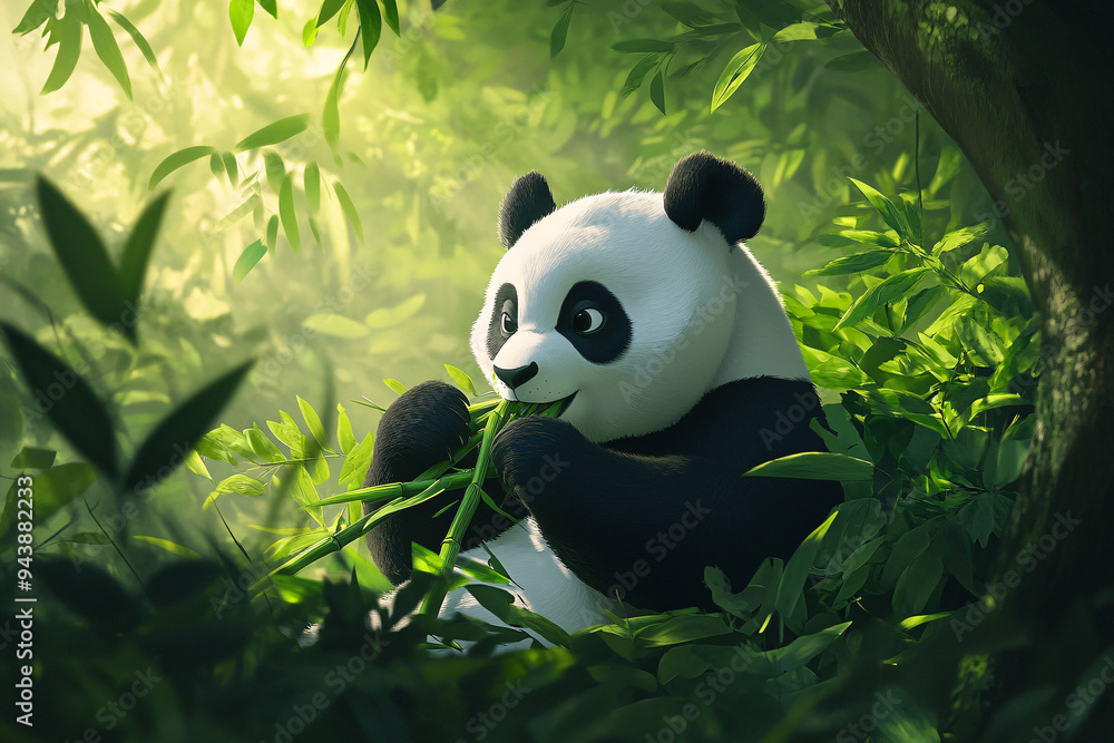 A panda bear is eating bamboo in a lush green forest A panda bear is eating bamboo in a lush green forest