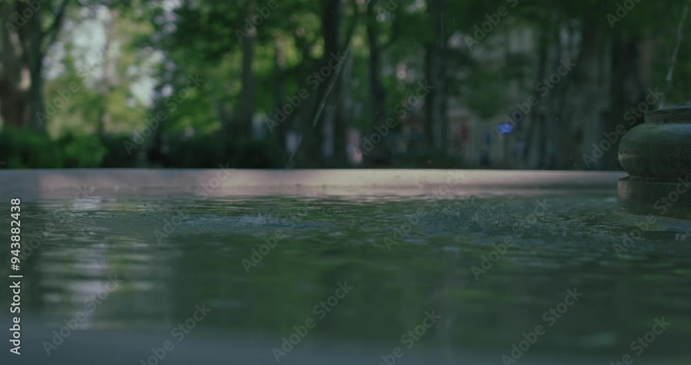 Water ripples in a fountain at Zrinjevac Park, Zagreb, with soft sunlight filtering through the trees in the background Water ripples in a fountain at Zrinjevac Park, Zagreb, with soft sunlight filtering through the trees in the background