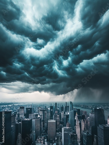 Dramatic storm clouds over a bustling cityscape. Dark, ominous skies contrast against urban architecture. Captivating and intense imagery. photo