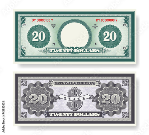 Vector fictional beautiful banknote of 20 dollars. Obverse and reverse of note. Play money with empty circle, guilloche patterns and grid. Blank or sample of certificate. Business and finance. Twenty.