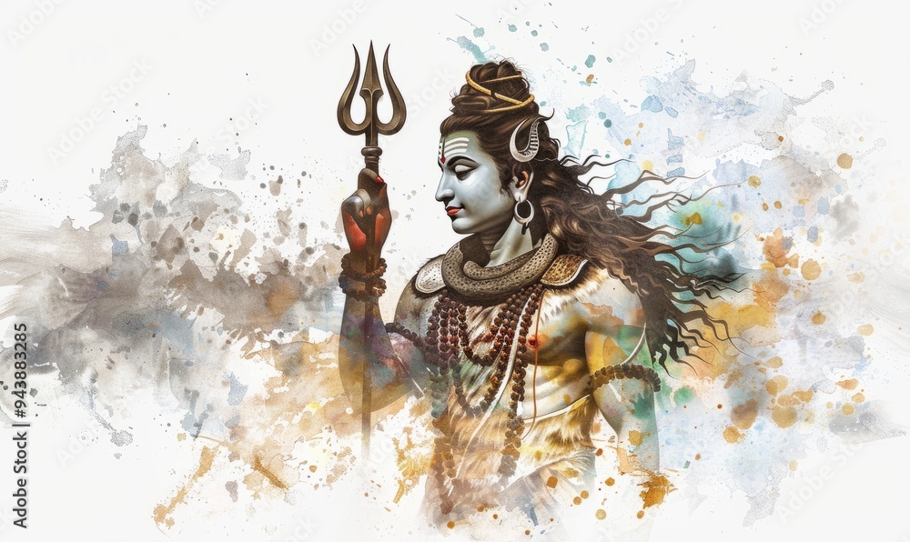 The divine ritual of Jalabhishek unfolds, as Lord Shiva is beautifully illustrated in a serene watercolor style, enveloped by vibrant splashes of color on a white backdrop The divine ritual of Jalabhishek unfolds, as Lord Shiva is beautifully illustrated in a serene watercolor style, enveloped by vibrant splashes of color on a white backdrop