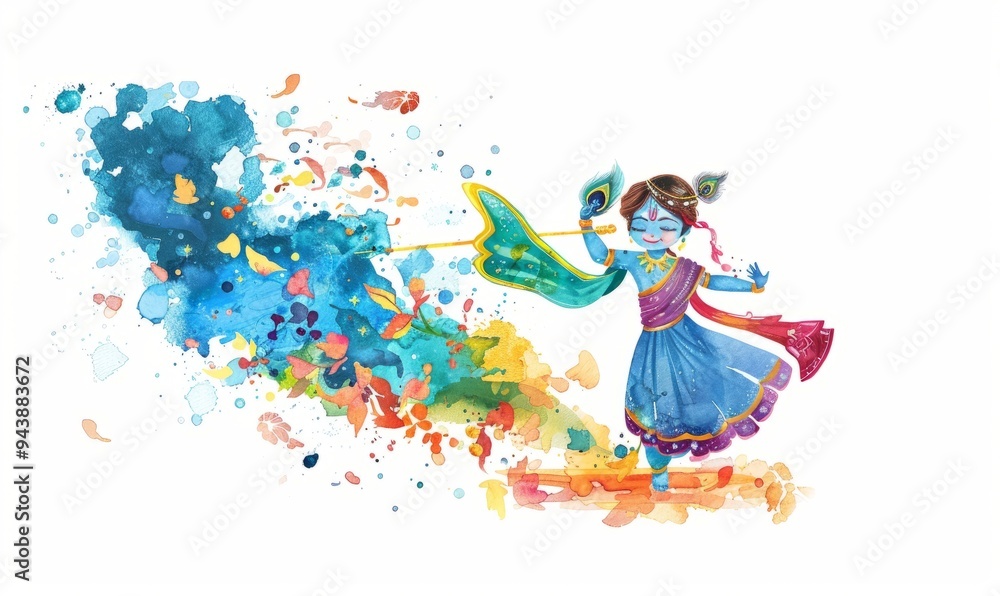 This lively digital artwork embodies the spirit of Krishna Janmashtami, featuring a playful depiction of Lord Krishna surrounded by colorful splashes, symbolizing joy and celebration This lively digital artwork embodies the spirit of Krishna Janmashtami, featuring a playful depiction of Lord Krishna surrounded by colorful splashes, symbolizing joy and celebration