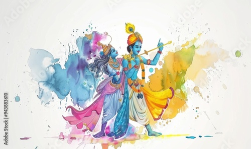 This captivating digital illustration captures the essence of Krishna Janmashtami celebrations, featuring divine figures adorned in vibrant colors, symbolizing joy and devotion in a watercolor style