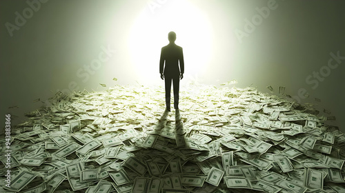 3D Icon Person with Money Spotlight concept as A person standing in a spotlight made of money set against a clean background providing ample space for text or graphics symbolizing prominence and finan