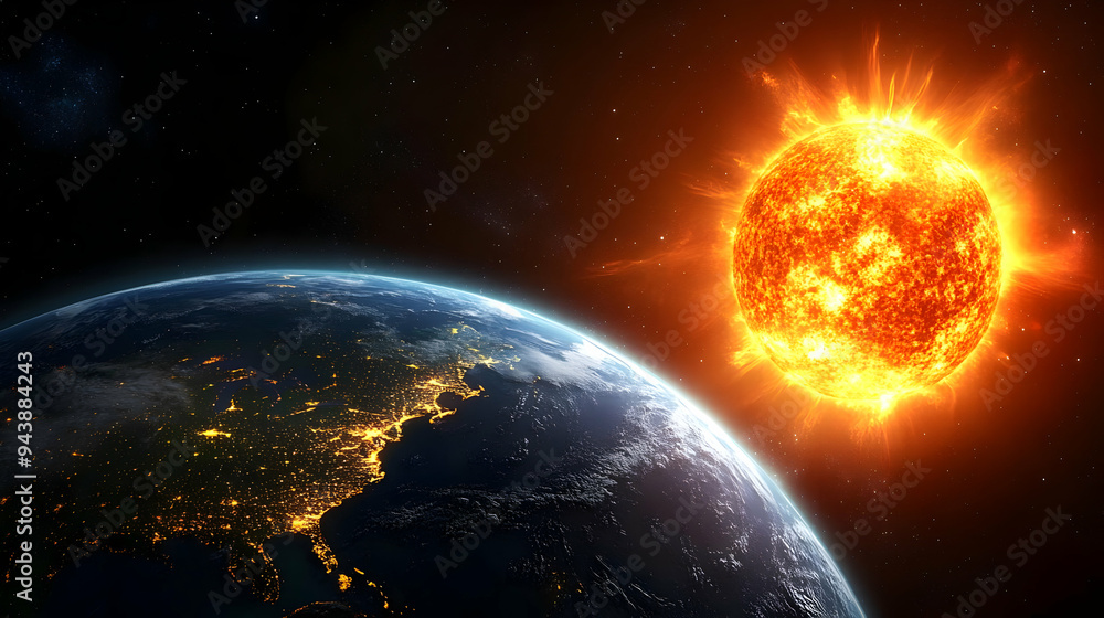 Obraz premium Earth and the sun in a vast, starry space.