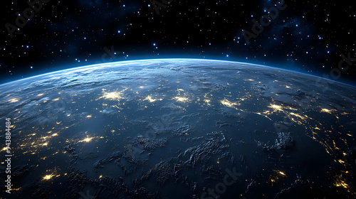 Earth at night with a starry sky.