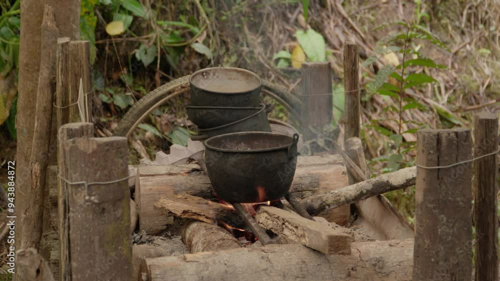 Cooking on a wood stove, adjusting logs and kindling to control the heat Cooking on a wood stove, adjusting logs and kindling to control the heat