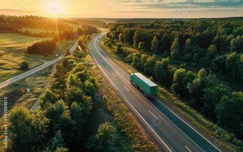 Aerial view of green truck on highway road in summer landscape with forest and fields at sunset