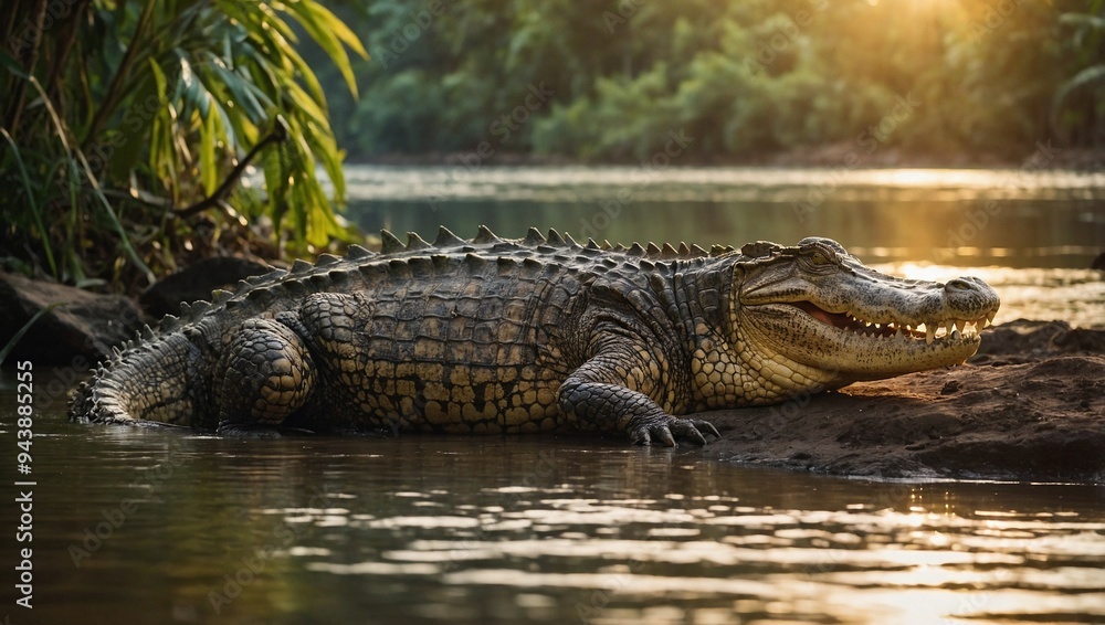 A majestic crocodile basking in the golden sunset A majestic crocodile basking in the golden sunset