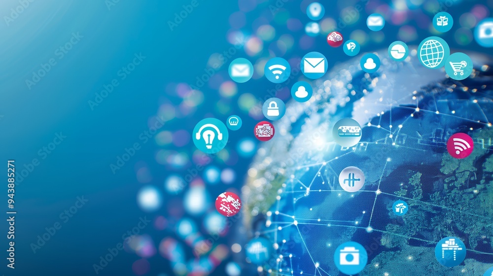 Digital globe surrounded by various social media and connectivity icons.