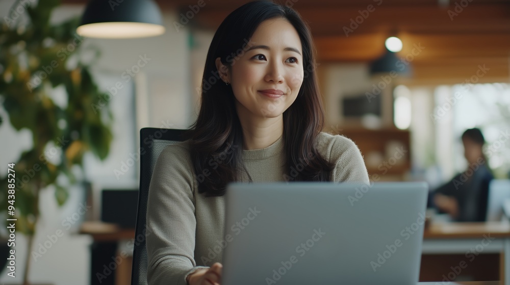 A woman working at a modern desk in an office, smiling as she engages with her laptop during daylight hours A woman working at a modern desk in an office, smiling as she engages with her laptop during daylight hours