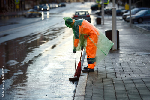 Obraz na płótnie Municipal worker in raincoat cleanup street with broom and dustpan, street workers keep city clean in all weather conditions