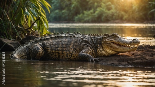 A majestic crocodile basking in the golden sunset