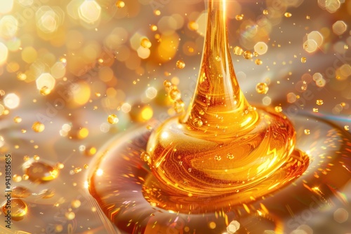 A golden liquid is pouring out of a container, creating a beautiful