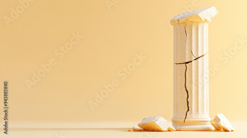 Cracked ancient column on a soft yellow background, symbolizing decay and the passage of time with scattered debris around it