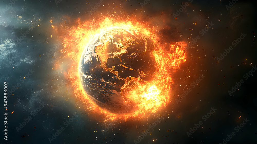 Earth engulfed in flames, a fiery apocalyptic scene. Earth engulfed in flames, a fiery apocalyptic scene.
