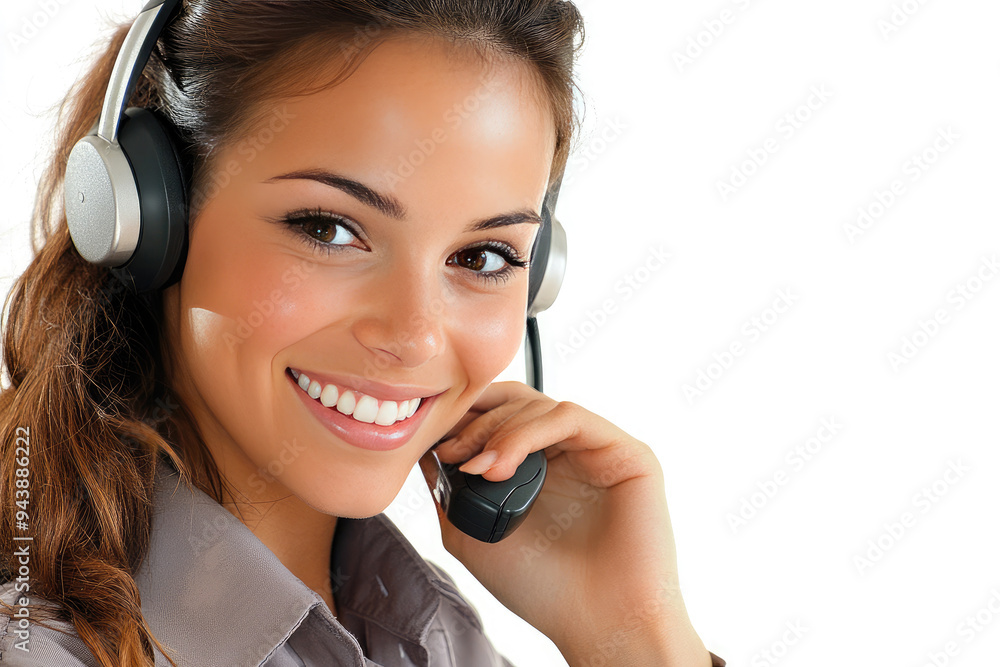 Smiling customer service rep in bright office, helping clients over phone, exuding confidence and professionalism. Cheerful and friendly, approachable and reliable