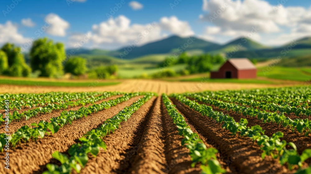 Expansive farmland with rows of young plants and a rustic barn set against a backdrop of rolling green hills and a blue sky Expansive farmland with rows of young plants and a rustic barn set against a backdrop of rolling green hills and a blue sky